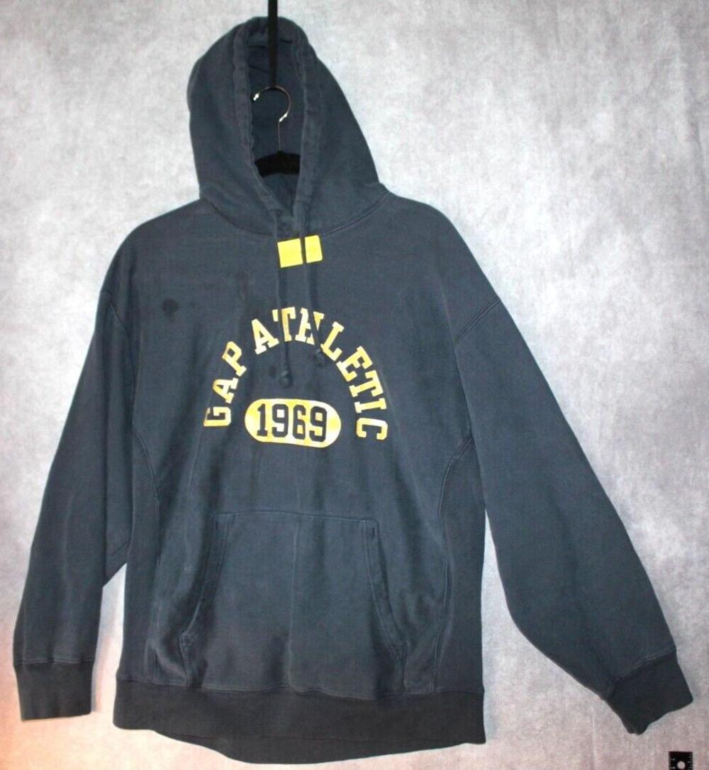 Gap Hoodie Mens M Blue Pullover Hooded Graphic Print Pockets Heavyweight